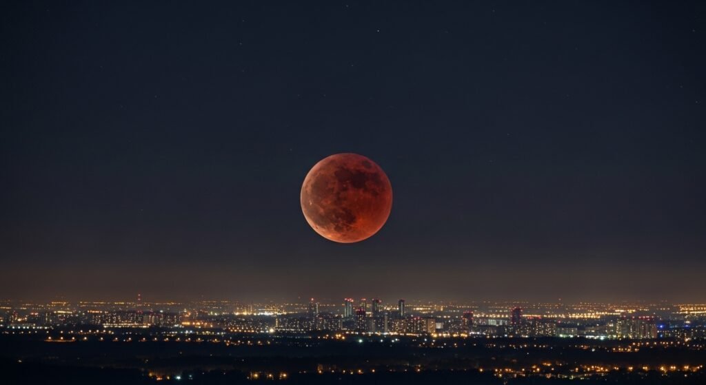 A spectacular super blood moon event, showing a large, deep red moon hanging low over a silhouette of a city skyline.