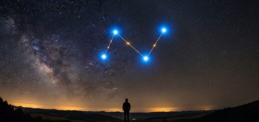 A photorealistic wide-angle view of a person standing on a hill at night, gazing up at a brilliant starry sky with the Gemini constellation and Milky Way visible.